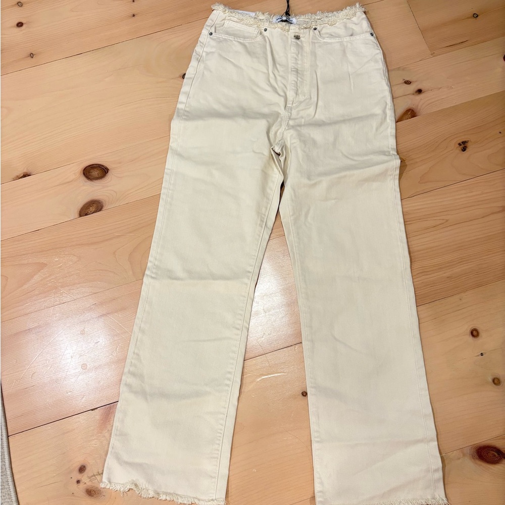 Cream Frayed Hem Pants